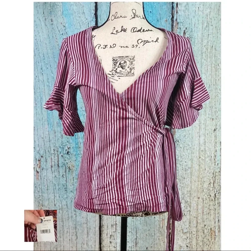 Free People NWT Wine Wrapped Around My Finger Cotton Striped Wrap Top - Picture 2 of 13